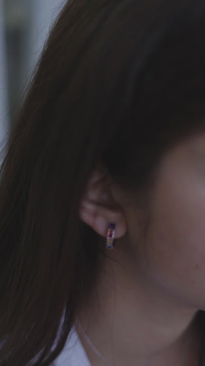 Silver Rainbow Sapphire Baguette Hoop Earring 14MM