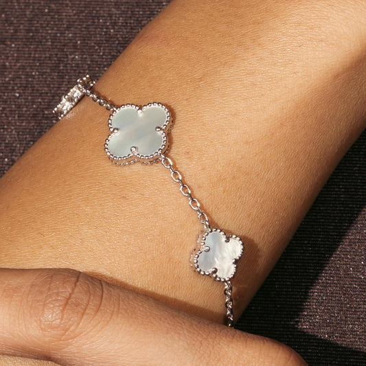 white Clover Charm Bracelet in 925 Sterling Silver | Adjustable Station Bracelet 6.5"+1.5"